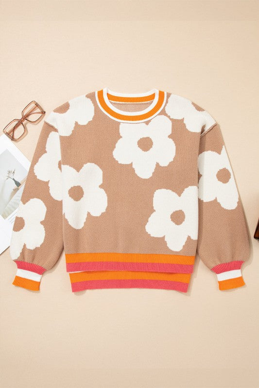 Flower Colorblock Contrast Stripe Baggy Sweater