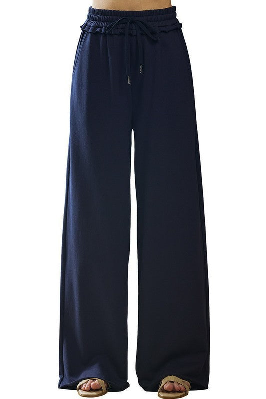 Ruffle Wide Leg Fray Hem Sweatpants