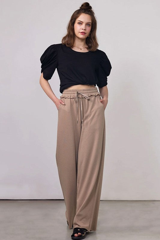 Ruffle Wide Leg Fray Hem Sweatpants