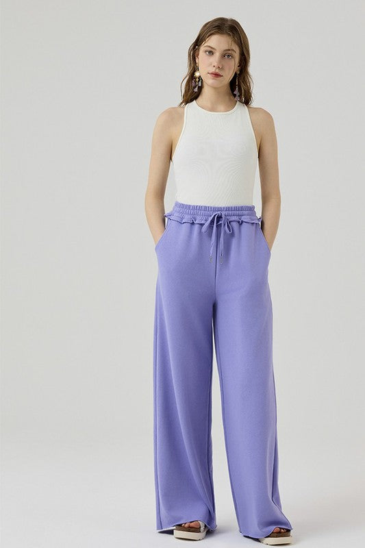 Ruffle Wide Leg Fray Hem Sweatpants