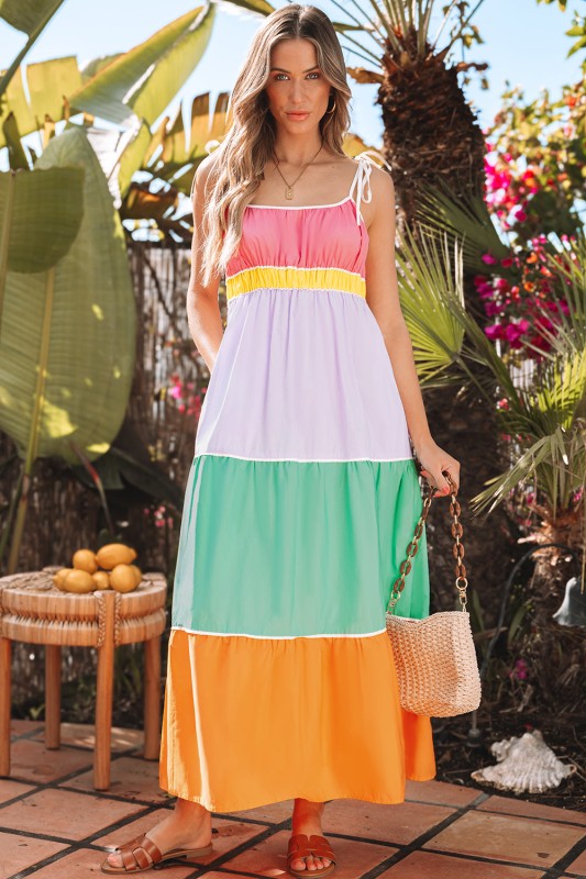 Colorblock Self-Tie Straps Pocketed Maxi Dress