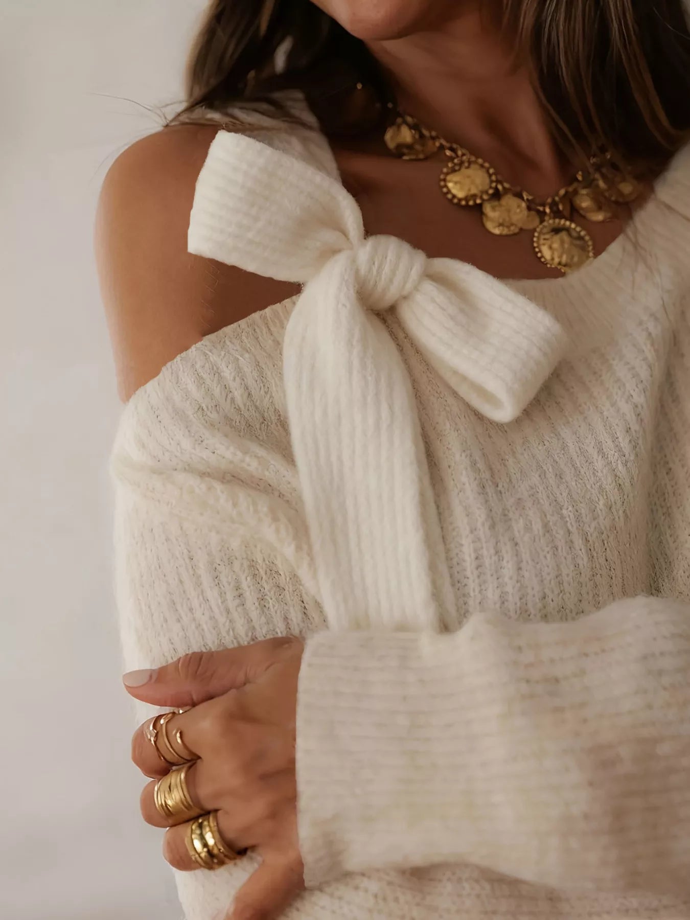 Bow-Accent One-Shoulder Sweater
