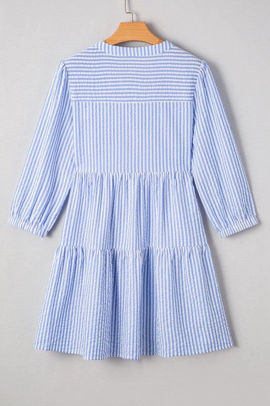 Stripe 3/4 Sleeve Pocketed Tiered Dress