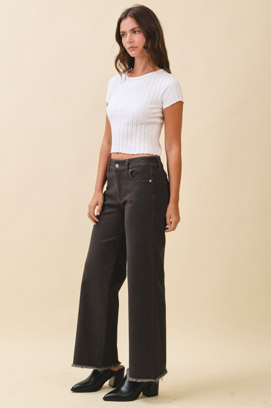 Wide Leg Raw Hem Denim Pants