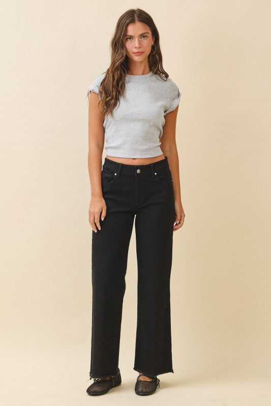 Wide Leg Raw Hem Denim Pants