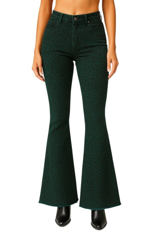 Green Leopard Print Bell Bottom Jeans with Raw Hem