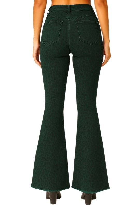 Green Leopard Print Bell Bottom Jeans with Raw Hem