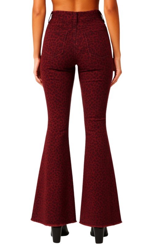 Burgundy Leopard Bell Bottom Jean with Raw Hem