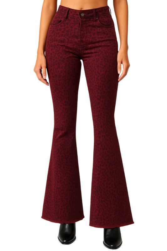 Burgundy Leopard Bell Bottom Jean with Raw Hem