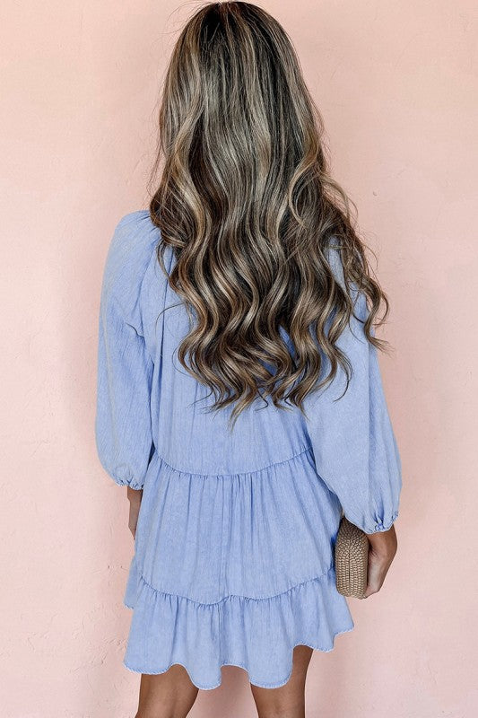 Puff Sleeve V Neck Ruffled Chambray Mini Dress