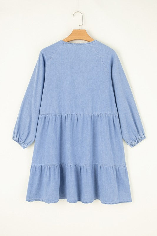 Puff Sleeve V Neck Ruffled Chambray Mini Dress