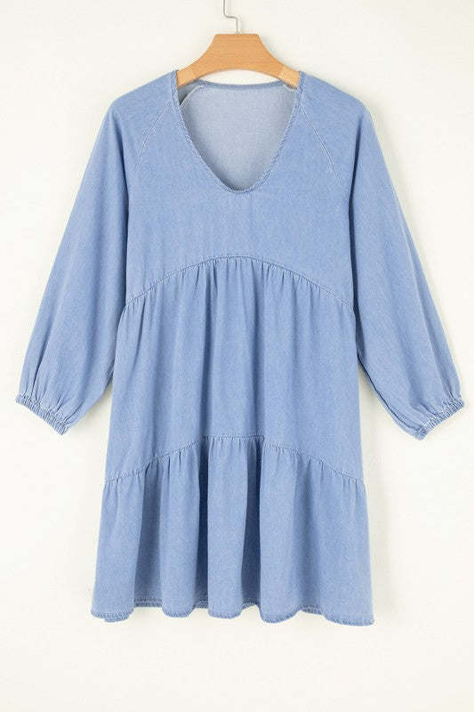 Puff Sleeve V Neck Ruffled Chambray Mini Dress