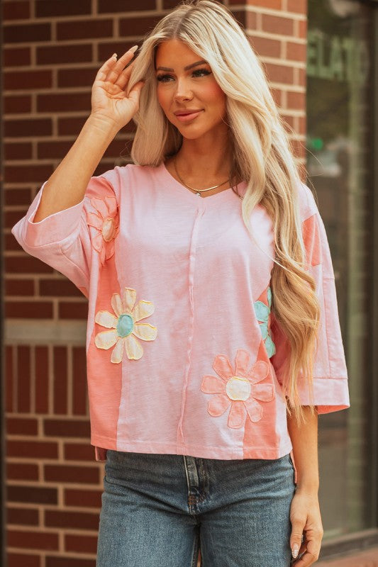 Flower Patch Exposed Seam Bracelet Sleeve T-Shirt