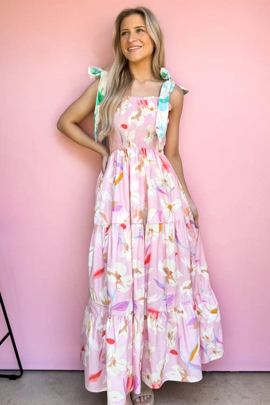Floral Print Knotted Shoulder Smocked Maxi Dress