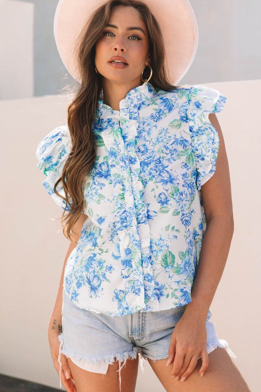 Floral Ruffle Sleeve Frilled Button-Up Shirt