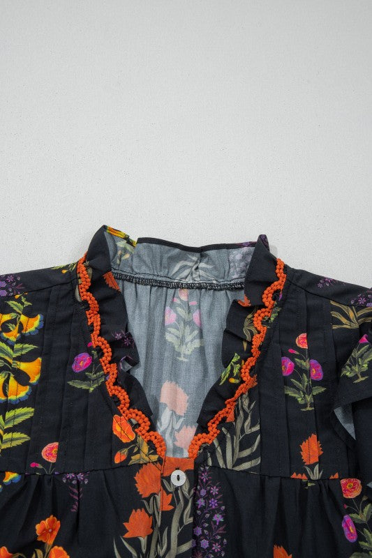 Floral Lace Trim V-Neck Frilled Short Sleeve Shirt