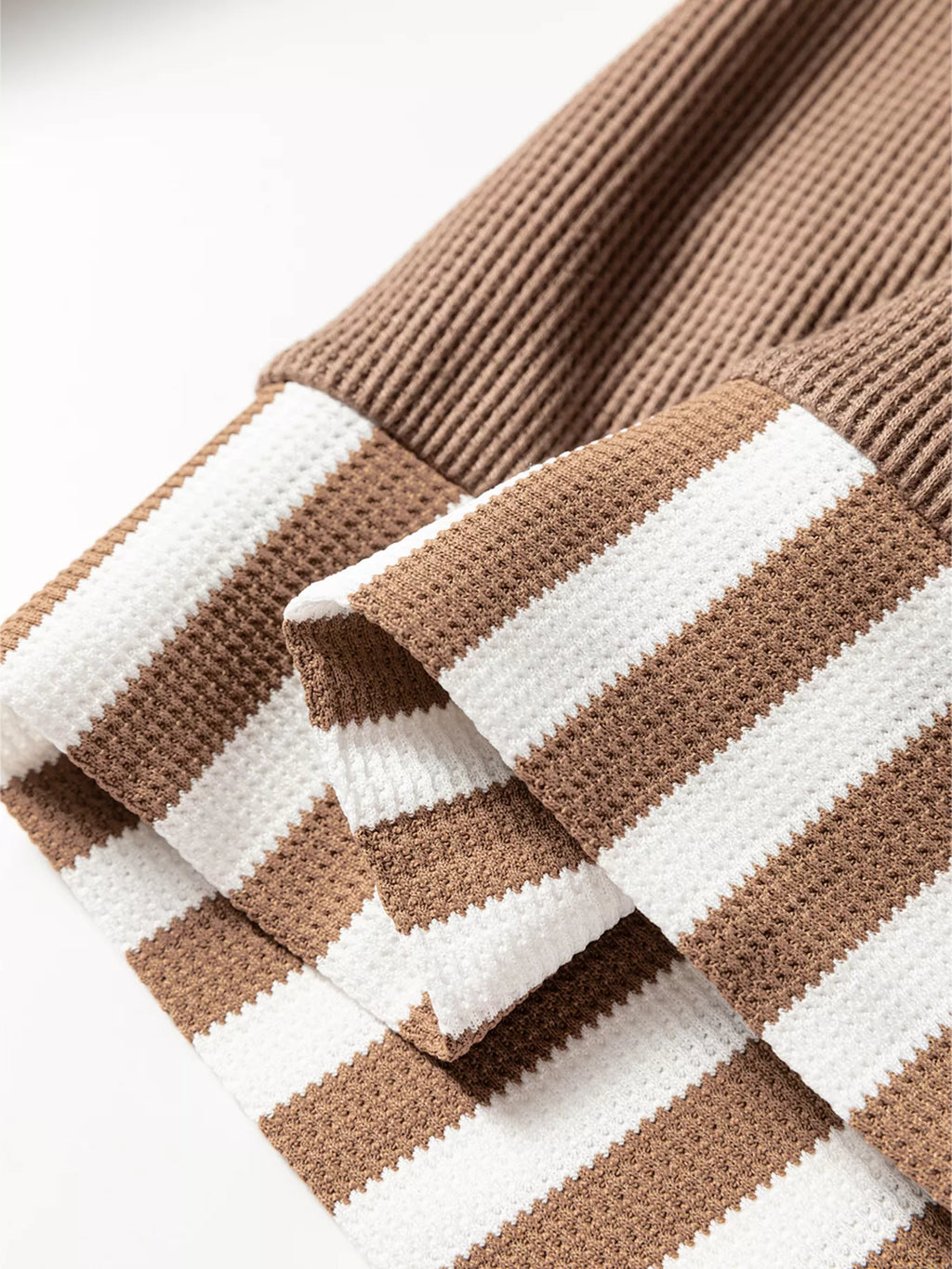 Waffle Texture Striped Patchwork Button Neck Drawstring Hoodie