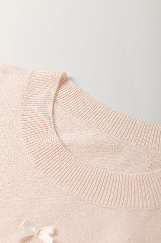 Bow Pearl Embellished Dolman Short Sleeve Sweater