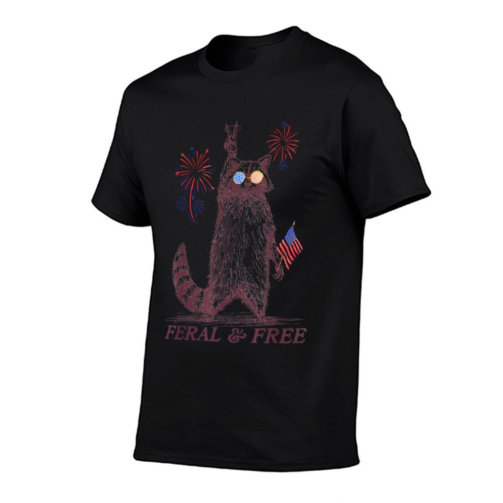 Feral & Free Funny Patriotic Racoon Feral And Free 4th July Trendy Pattern T-Shirt