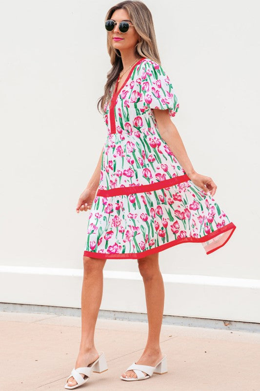 Floral Contrast Trim V-Neck Babydoll Dress