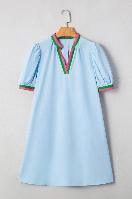 Colorblock Contrast Stripe V-Neck Puff Sleeve Mini