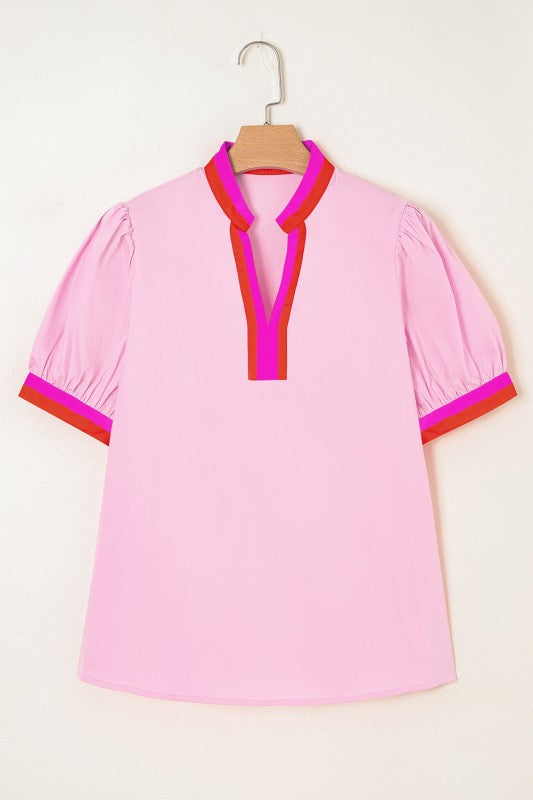 Contrast Stripe V-Neck Short Puff Sleeve Blouse