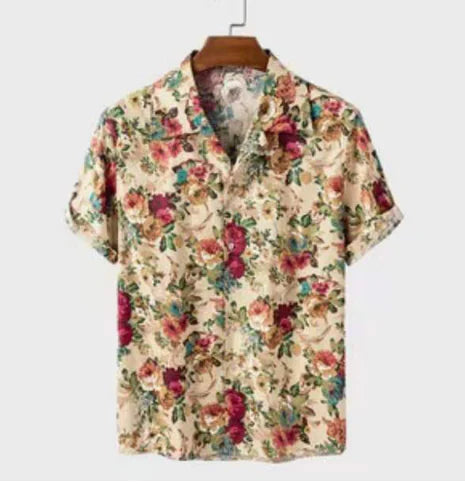 Men's  Floral Print Cotton-Linen Short Sleeve Shirt