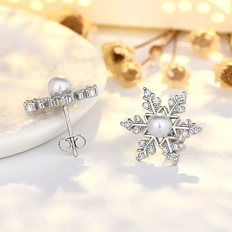 Sterling Silver Snowflake Earrings with Zircon and Pearl