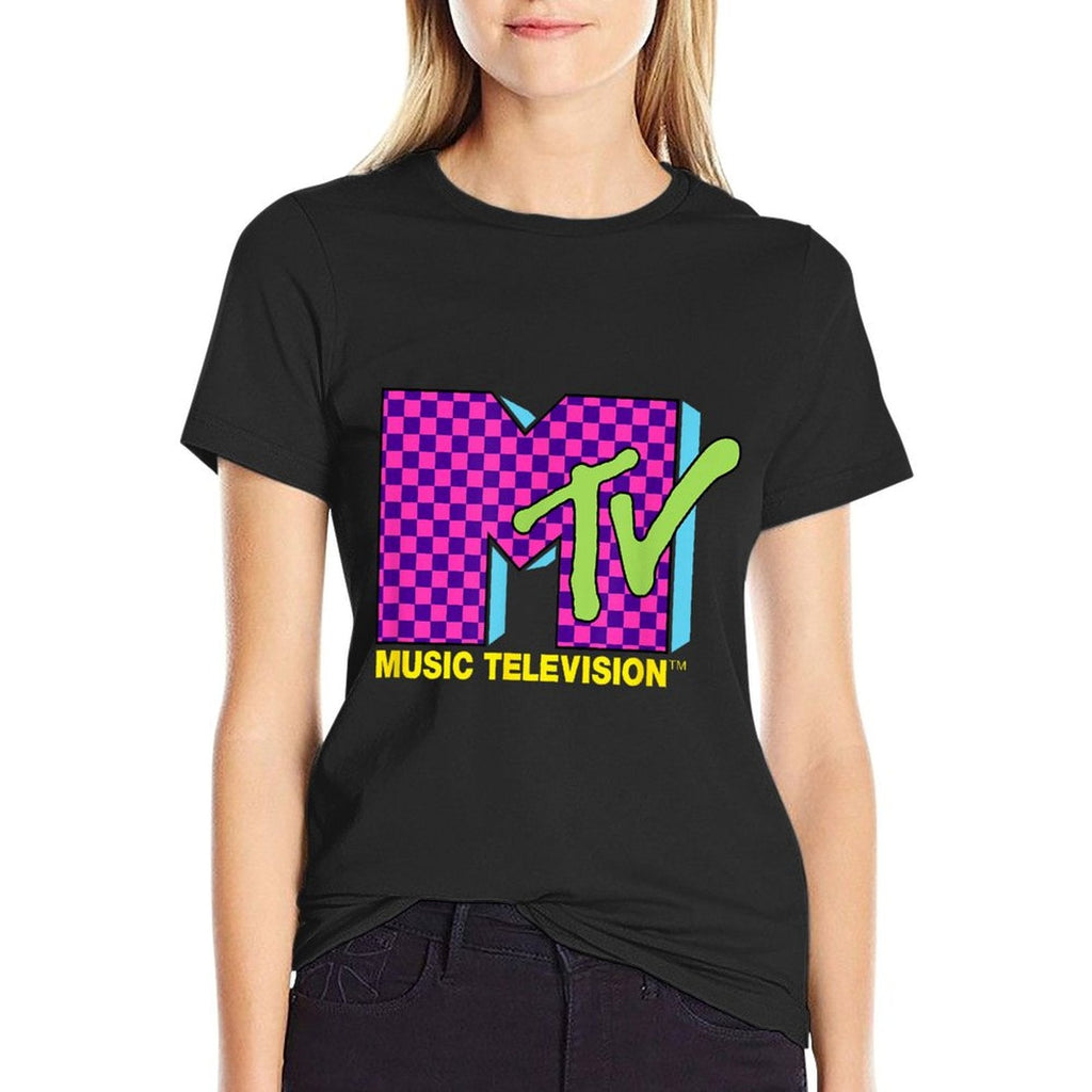 MTV Music Television Retro 80's Neon Pink Checkerboard Logo Comfortable T-Shirt