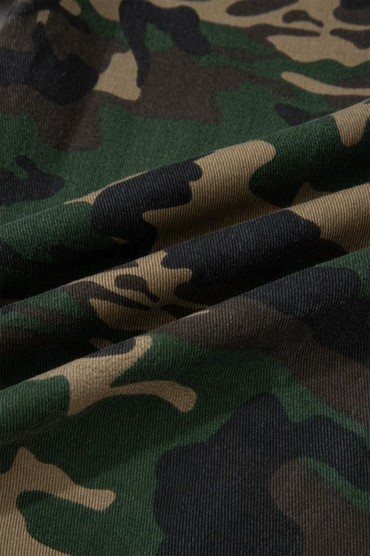 Camo Denim Patch Pocket Drawstring Barrel Jeans