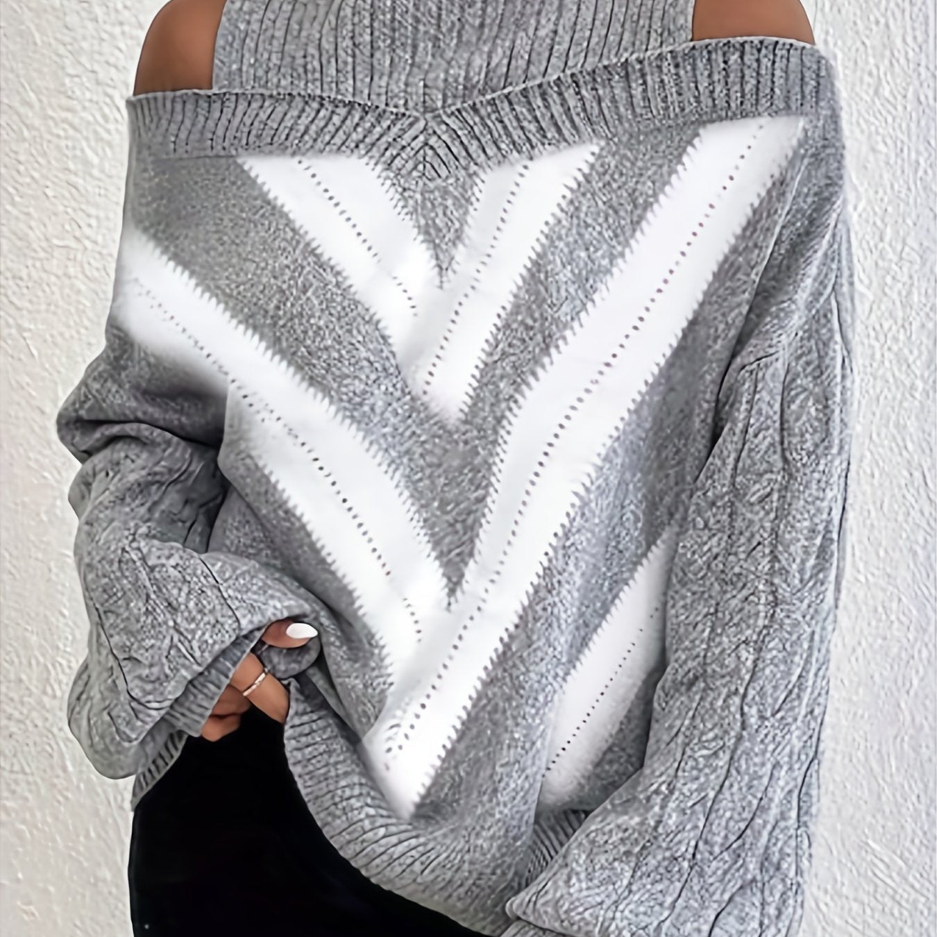 Elegant Plus Size Off Shoulder Striped Cable Knit Sweater