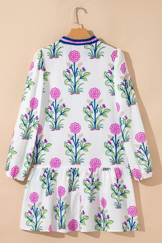 Floral Contrast Stripe Trim Notch Neck Dress
