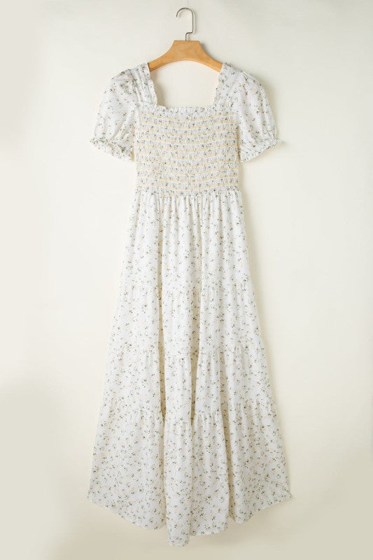 Floral Frilly Shirred Bodice Tiered Maxi Dress