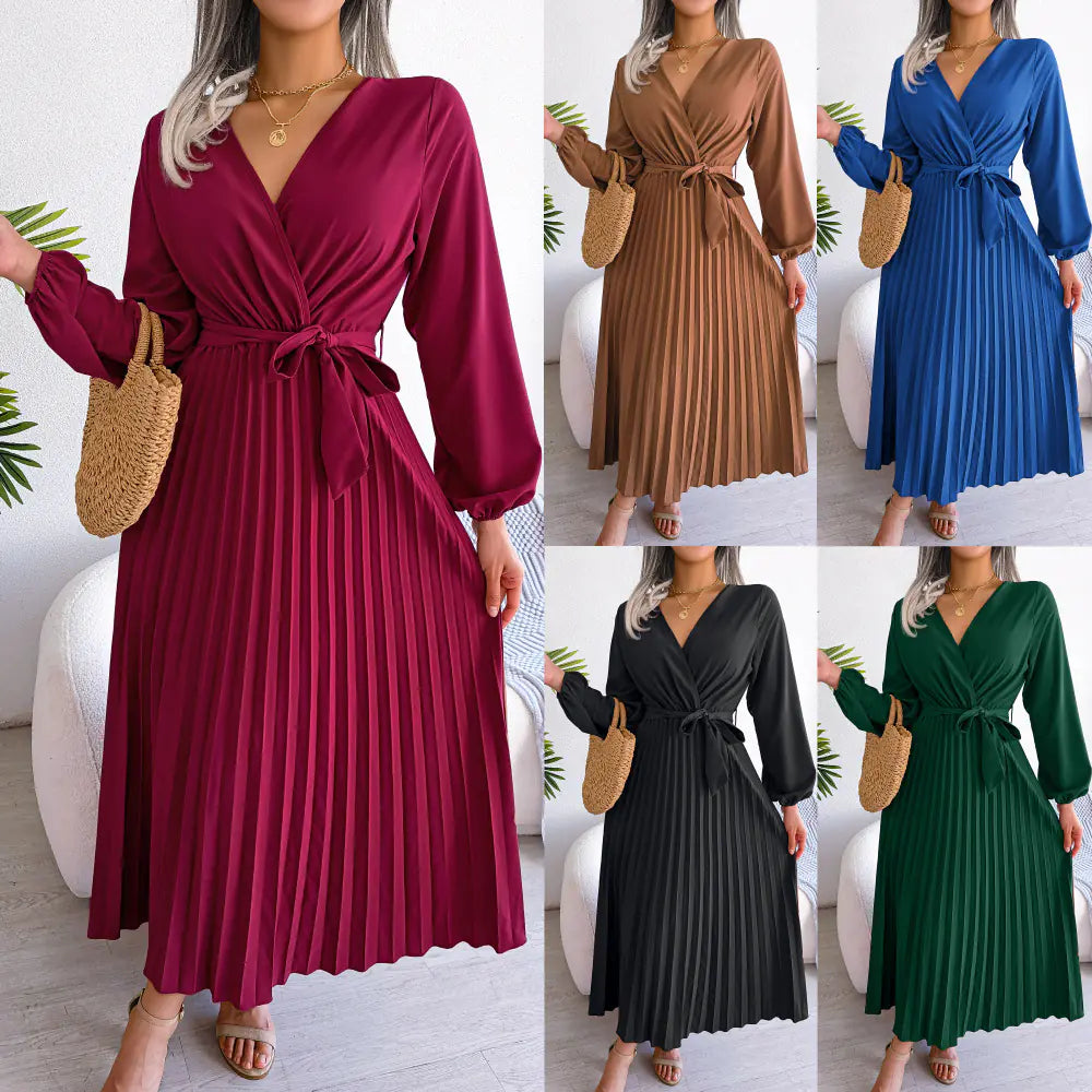 Spring/Summer Cross V-Neck Pleated Maxi Dress
