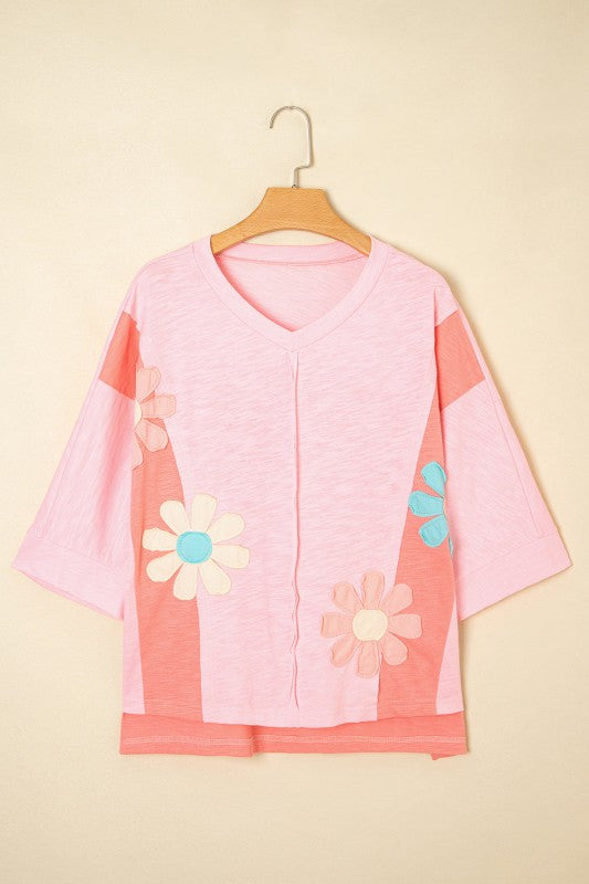 Flower Patch Exposed Seam Bracelet Sleeve T-Shirt