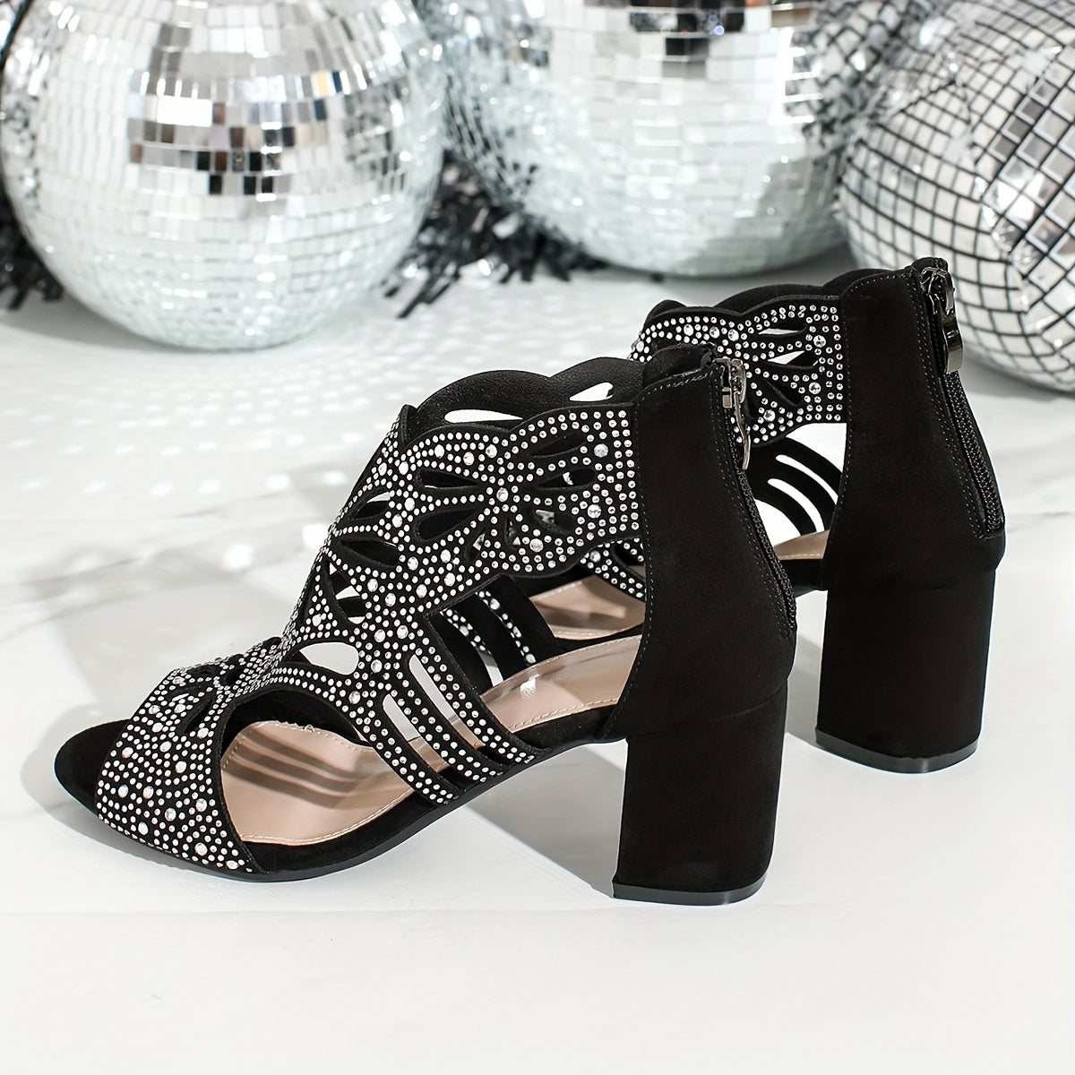 Elegant Formal  Black Floral Cut Out Heels Sandals