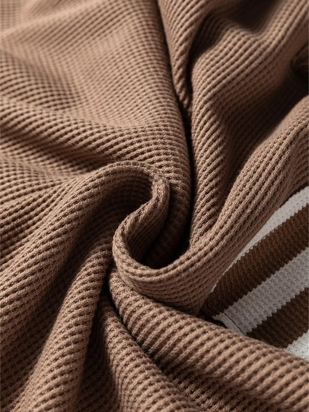 Waffle Texture Striped Patchwork Button Neck Drawstring Hoodie