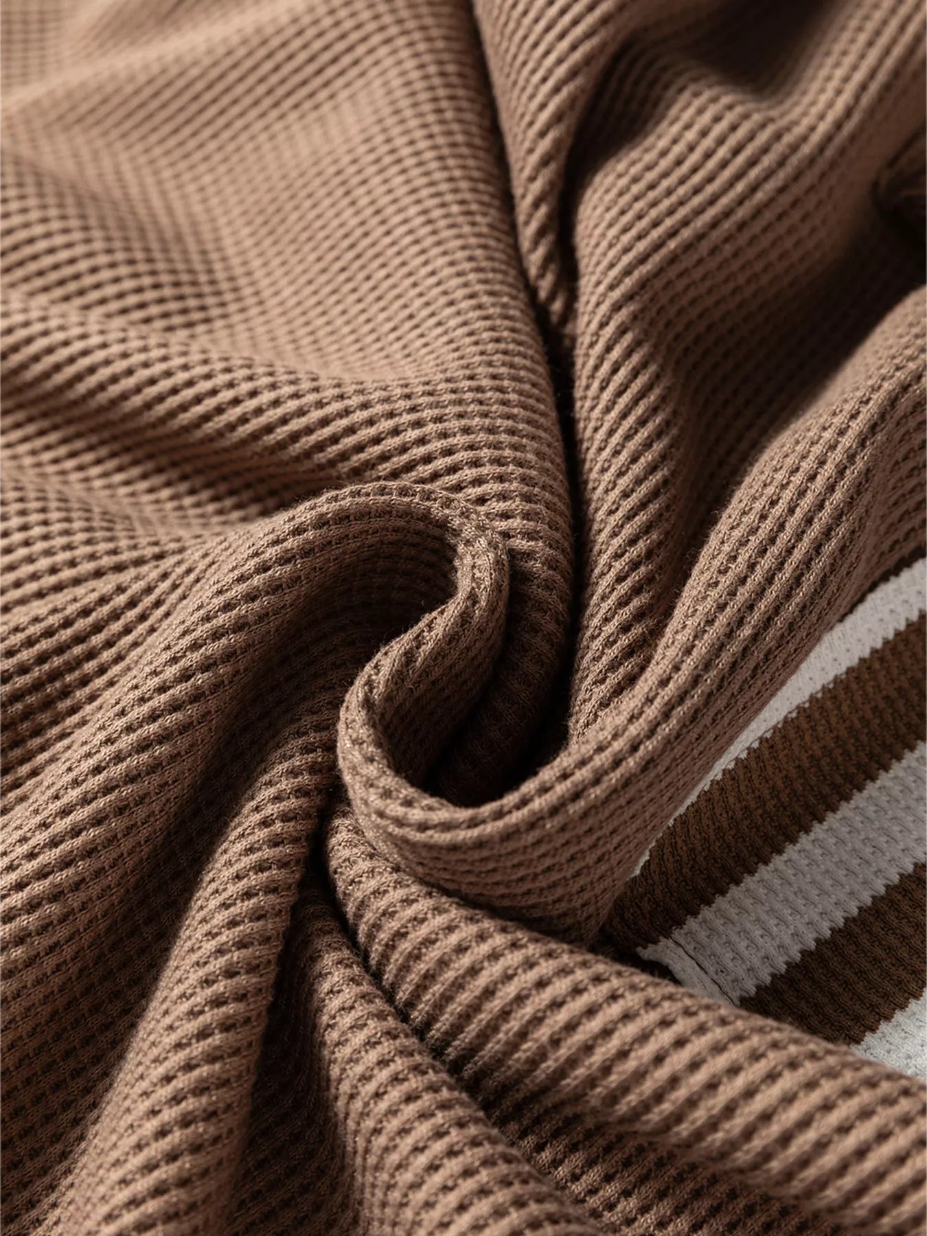 Waffle Texture Striped Patchwork Button Neck Drawstring Hoodie