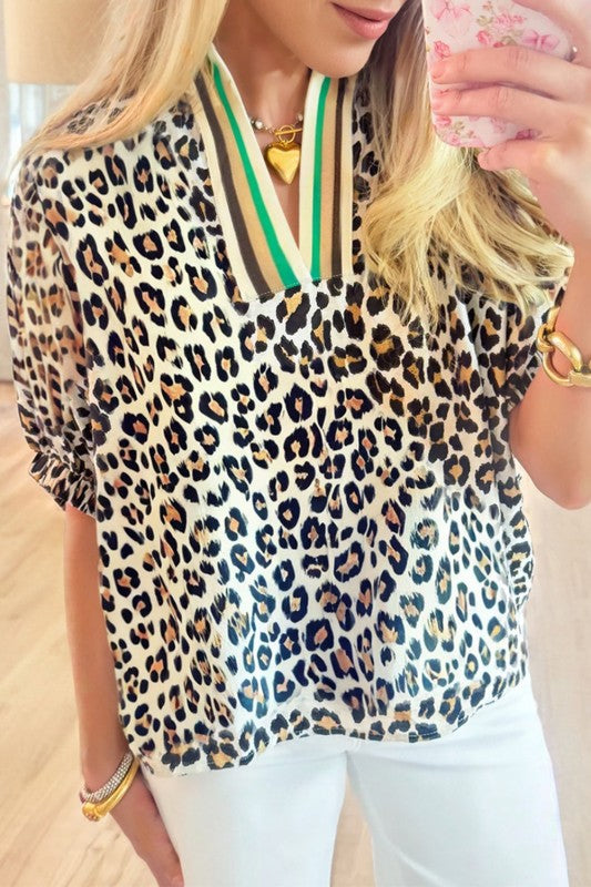 Leopard Colorblock V-Neck Short Sleeve Blouse