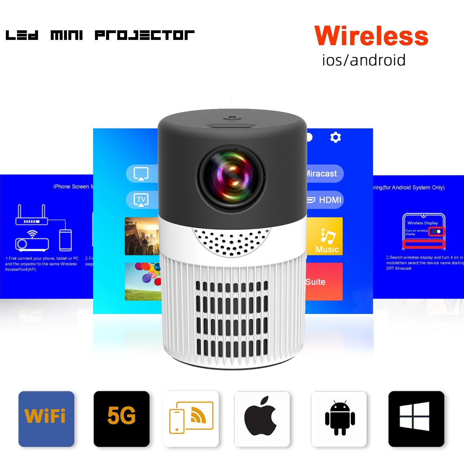 JHT400 Mini Portable Home Projector - Smart Wireless Micro Projector