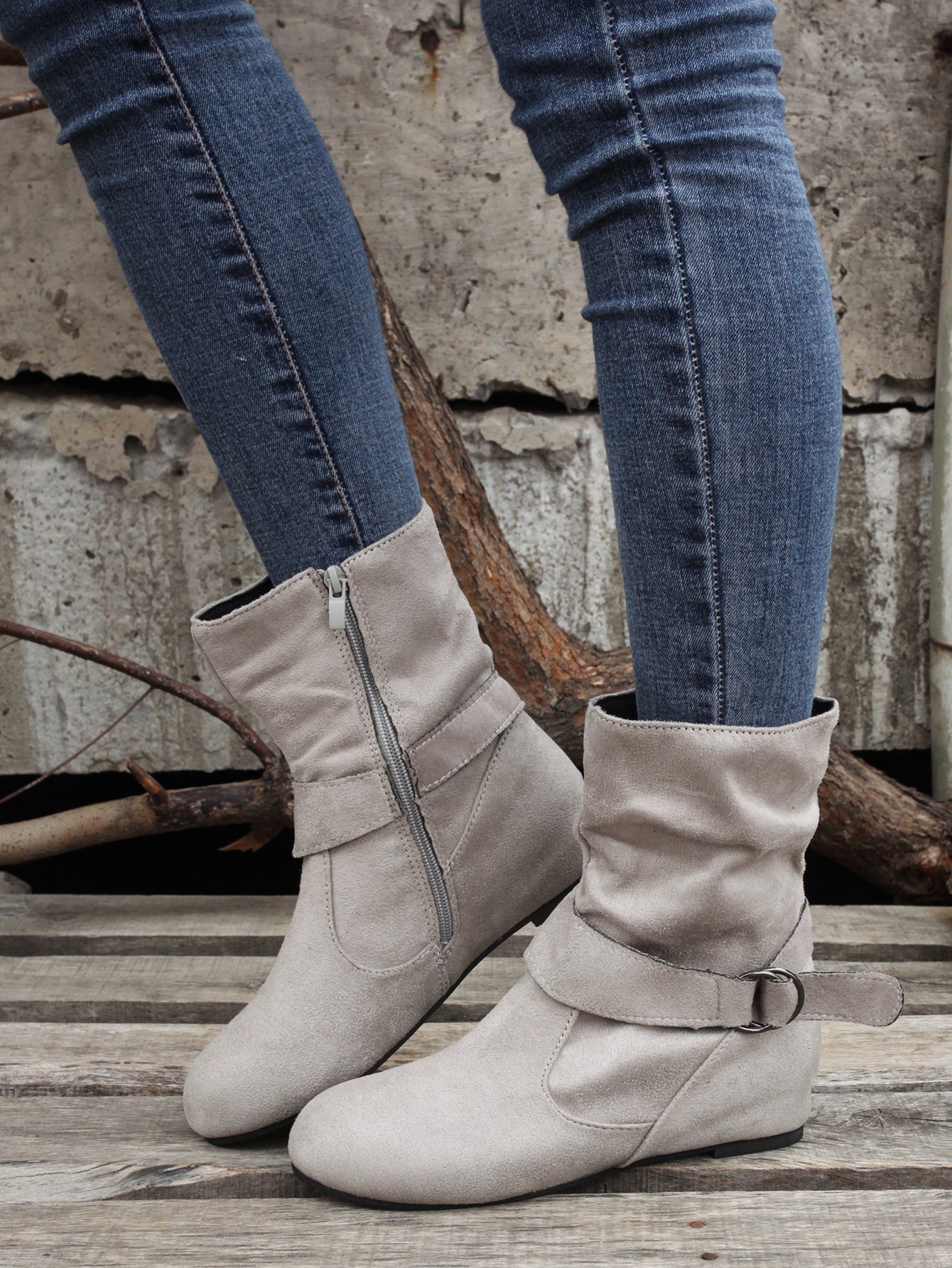 Ankle Boots  Round Toe Buckle Belt Side Zipper Boots