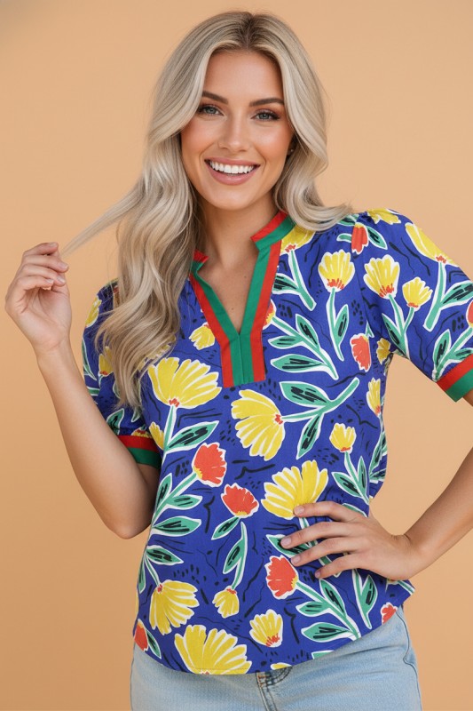 Floral Stripe Patchwork V-Neck Short Sleeve Blouse
