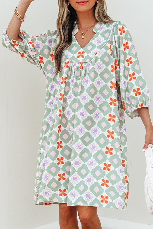 Geometric Floral 3/4 Sleeve Notched Neck Mini Dres