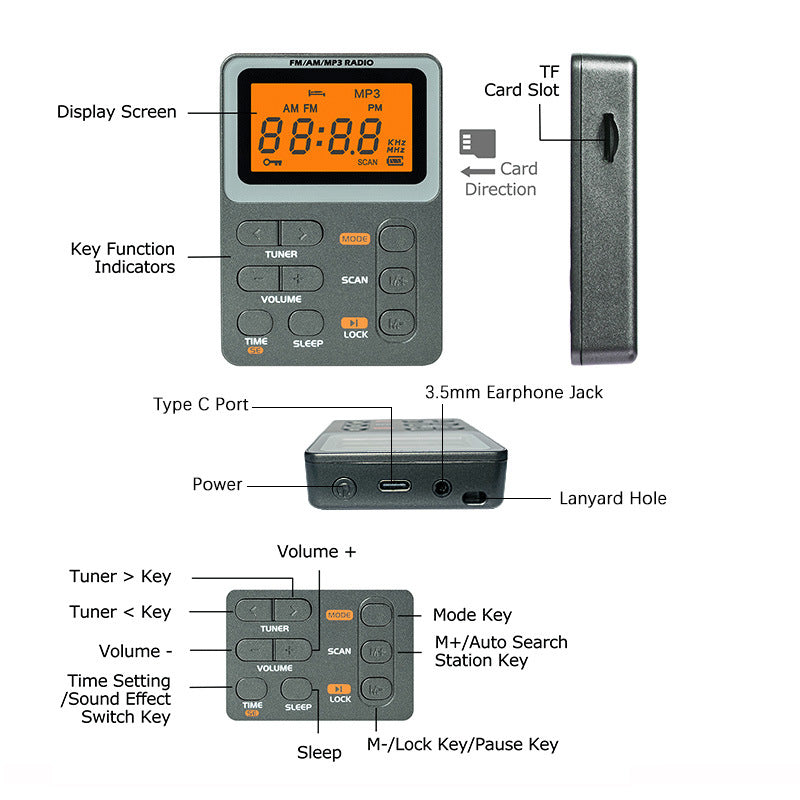 Mini 600mAh Built In AMFMTF Card MP3 Stereo Pocket Radio