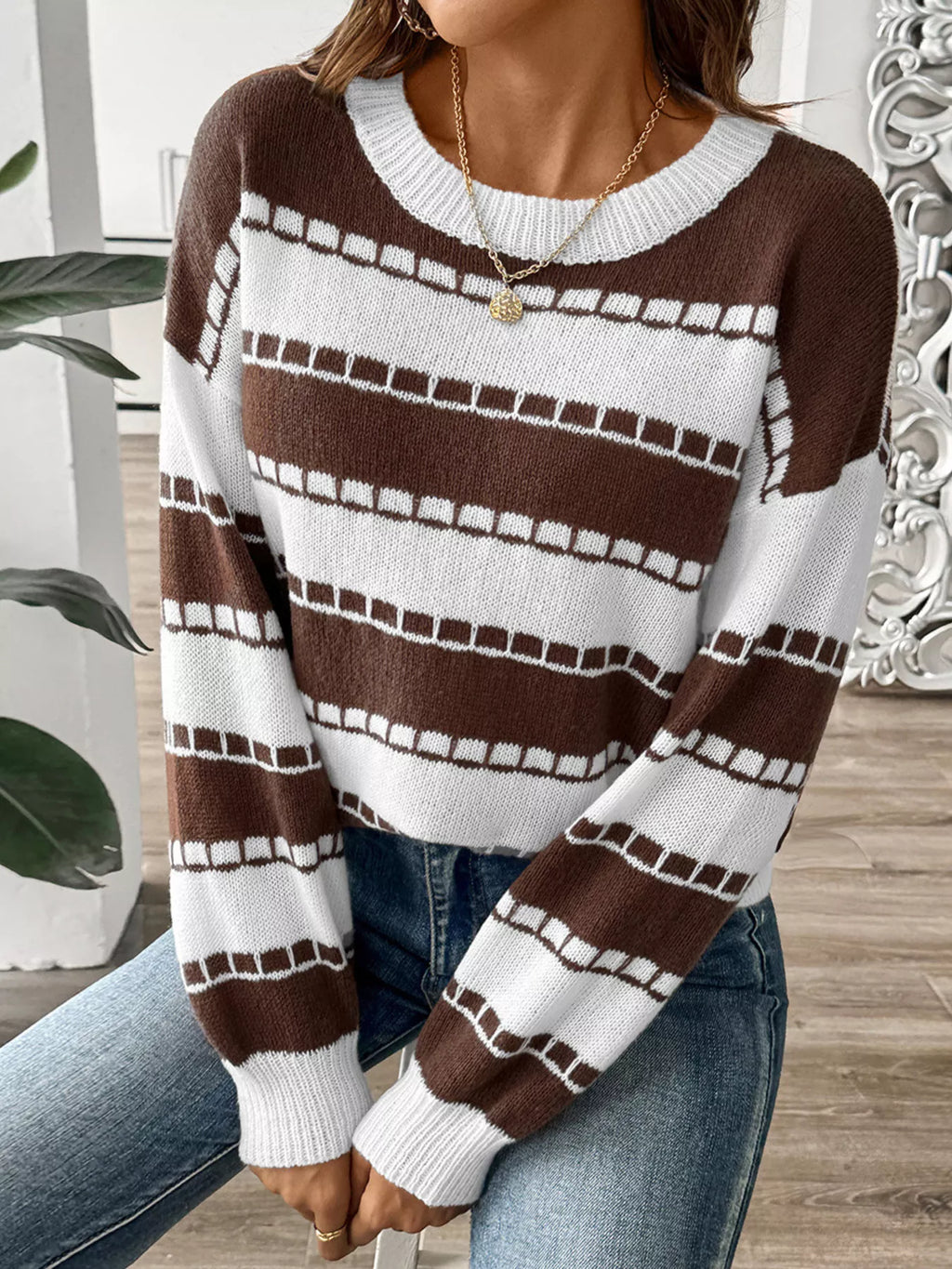 Striped Knit Dropped Shoulder Sweater
