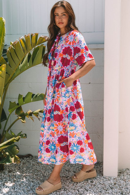 Floral Tied Front High Waist Short Sleeve Dress