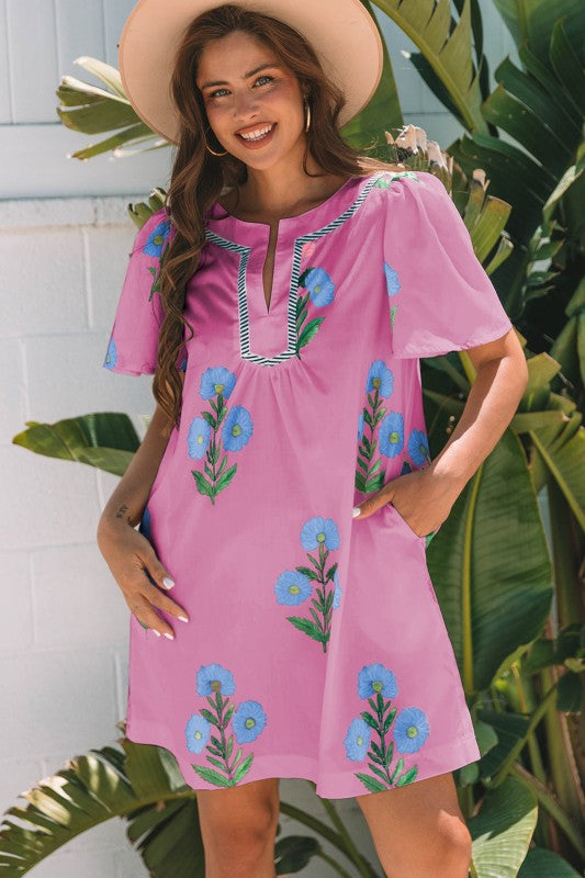 Floral Short Sleeve Split Neck Mini Dress
