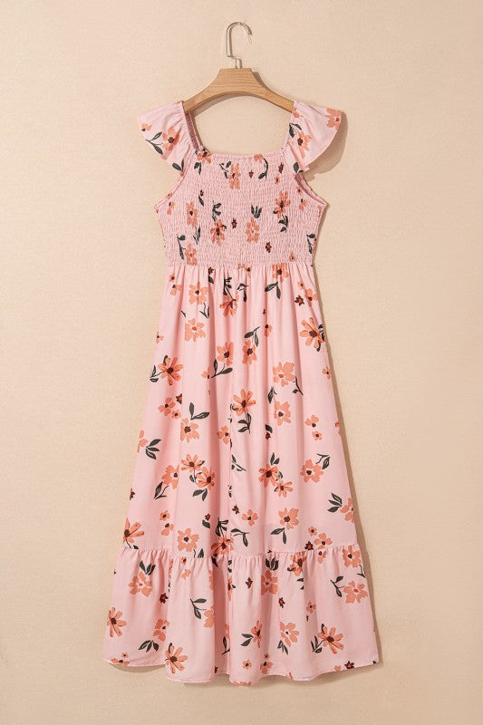 Floral V-Neck Smocked Ruffle Hem Maxi Dress