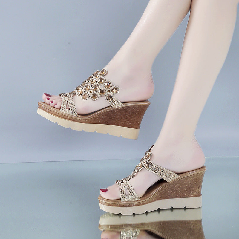 Rhinestone Platform Sandals and Slippers with Heels