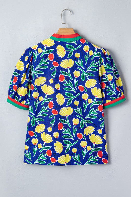 Floral Stripe Patchwork V-Neck Short Sleeve Blouse